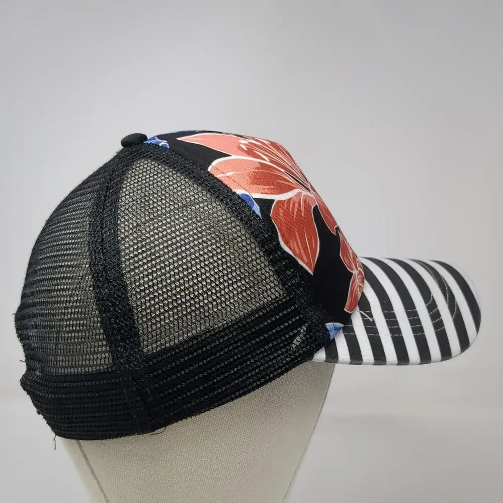 Roxy 5 Panel Black One Size Floral Striped Mesh Snapback Hat Tropical Surf Beach